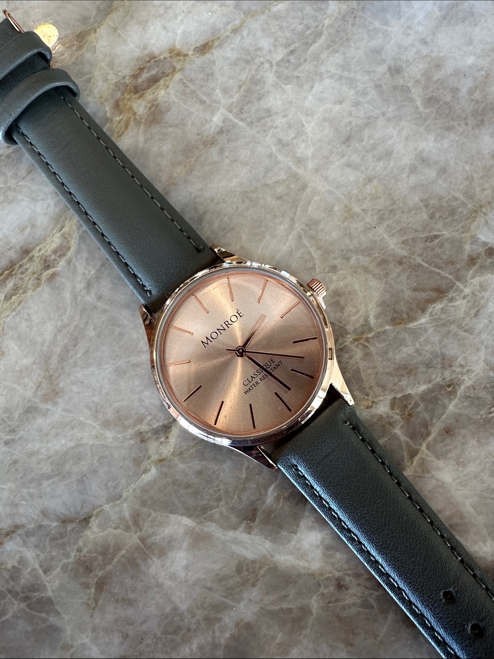 NEW! Monroé Rose gold tone analog watch with Gray Leather strap